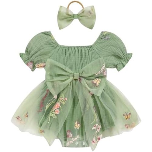Baby Girl Romper Dress Infant Linen Tulle Bodysuit Puff Sleeve Summer Outfits With Headband Cake Smash Clothes