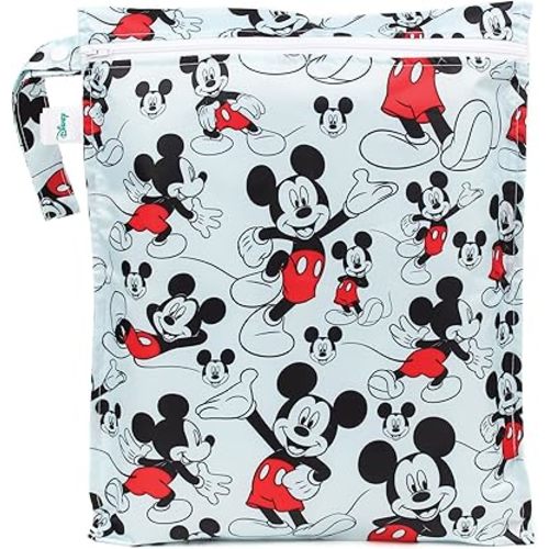 Bumkins Disney Waterproof Wet Bag for Baby, Travel, Swim Suit, Cloth Diapers, Pump Parts, Pool, Gym Clothes, Toiletry, Strap to Stroller, Daycare, Zipper Reusable Bag, Packing Pouch, Mickey Mouse