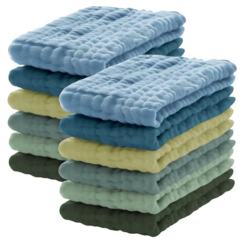 12 Pack Muslin Burp Cloths 100% Cotton Muslin Cloths Large 20''x10'' Extra Soft and Absorbent Baby Burping Cloth - Sage, Teal and Blue