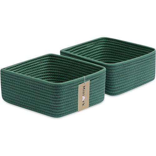 MiniArk Small Square Shallow Baskets for Organizing, 9.7x9.7x4.3 Inch Rope Woven Storage Bins for Cubes Closet, Shelves Storage, Boho Decorative Basket, 2 Packs Green
