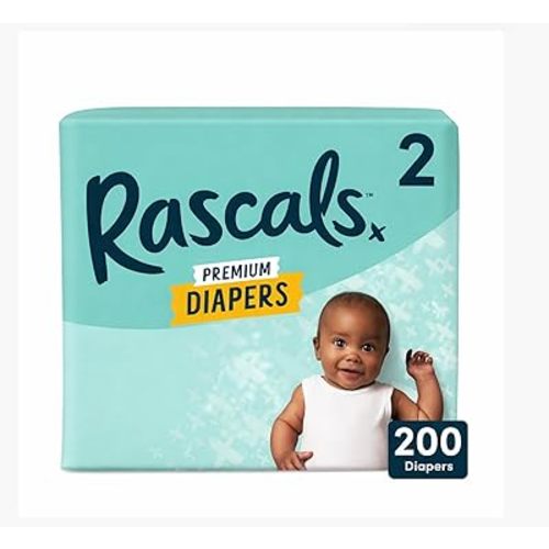 Rascals Premium Disposable Baby Diapers Size 2 (200 Count), Absorbent Core, Up to 12 Hours Leak Protection, Gentle on Skin, Secure Fit, Soft Comfort