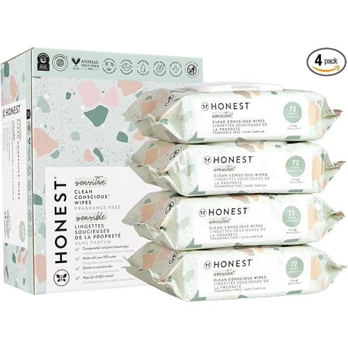 The Honest Company Clean Conscious Unscented Wipes | Over 99% Water, Compostable, Plant-Based, Baby Wipes | Hypoallergenic for Sensitive Skin, EWG Verified | Geo Mood, 288 Count - 72 Count (Pack of 4)