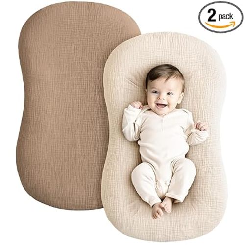 Konssy 2 Pack Muslin Baby Lounger Covers, Covers Only, 30.7" x 20" | 100% Cotton, Soft & Breathable, Baby Nest Slipcover, Envelope Closure, Pre-Washed for Lasting Fit (Brown,Wheat)