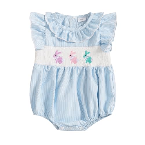 Aopwsrlyi Newborn Baby Girl Easter Outfit Cute Bunny Embroidery Smocked Bubble Romper Ruffle Sleeve Plaid Bodysuit