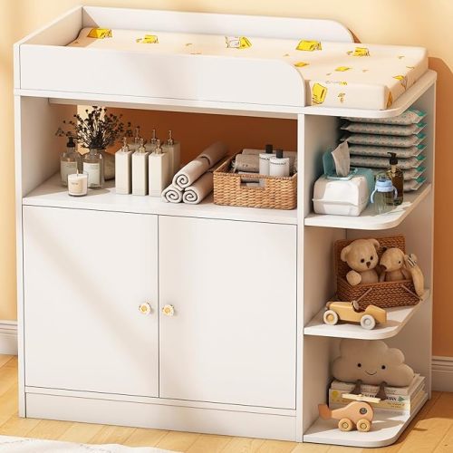 Wanan White Changing Table Dresser with Storage, Diaper Changing Station with Large Cabinet and 4 Open Shelves, Multifunctional Sturdy Wooden Baby Dresser with Crystal Knobs for Nursery (No Pad)