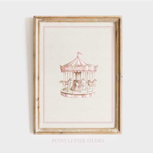 Carousel Pink Vintage Drawing Print: Whimsical Nursery Wall Art