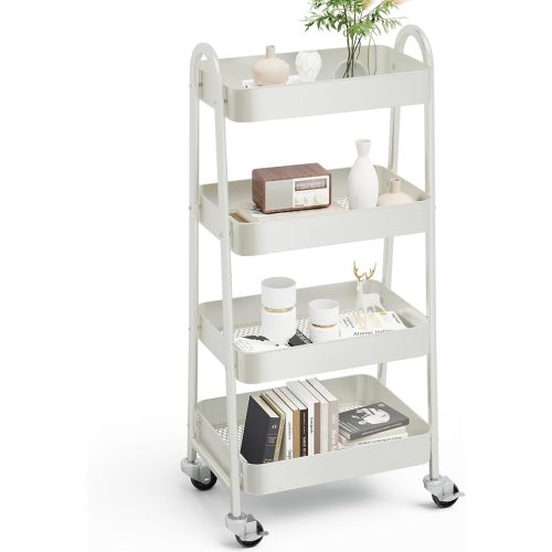 OLIXIS 4 Tier Utility Rolling Cart, Metal Mobile Storage Shelf with Lockable Caster Wheels, Organization for Livingroom, Bathroom & Narrow Places, 4-Tier White