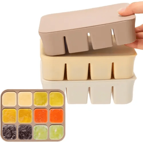 Mimorou 3 Pack Baby Food Freezer Tray with Lids 2.8 oz x 12 Cups Silicone Baby Food Storage Container Ice Cube Freezer Molds for Homemade Vegetable Fruit Purees Snack(12 Cups,White, Yellow, Brown)