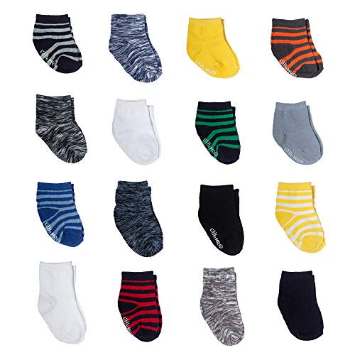 Little Me 16 Pair Baby Boy Socks, Variety Pack (8X 0/12M & 8X 12/24M), Stripes/Dots/Space Dye, 0-24 Months