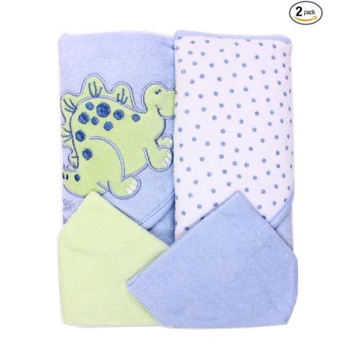 Spasilk Hooded Terry Bath Towel with Washcloths, Dino Blue, 2-Count