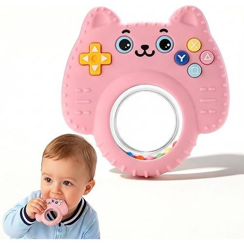 Baby Teether Toy Silicone Cat Teething Ring -Game Controller, Baby Rattle Toy Chew Sensory Toys for Babies Over 3 Months, Teething Relief for Newborn Infant Essentials 0-6 6-12 Months, BPA Free -Pink