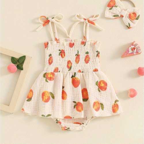 Adorable Summer Romper Dress for Baby Girls, Featuring a Sleeveless Design with a Peach Print, Complete with a Headband in a Countryside Style, for Outdoor