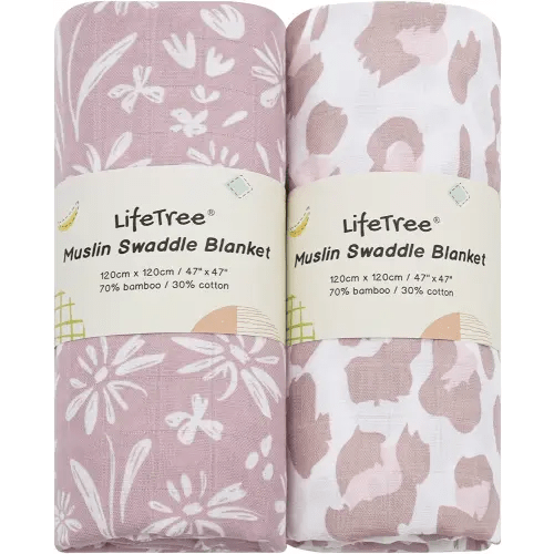 LifeTree Swaddle Blankets Baby Girl, 2-Pack Super Soft 70% Viscose Bamboo and 30% Cotton Muslin Swaddles Blankets (Large 47" x 47"), Mauve Floral & Blush Leopard Pattern, Newborn Baby Registry