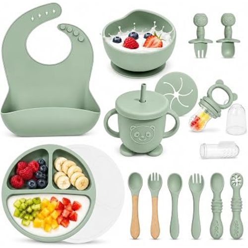 Silicone Baby Feeding Utensils Set for 6+ Months, 17 Pcs, Green