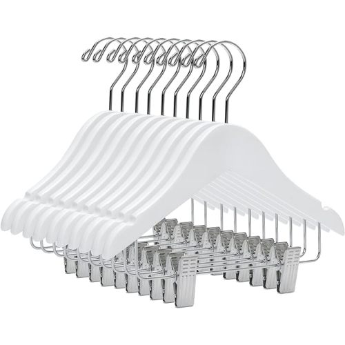Quality Wooden Baby Hangers with Clips | 20 Pack | 10' Pant & Skirt Hangers with 360-Degree Swivel Hook & Nonslip Notches | Suitable for 0-3 Years (White, 20)