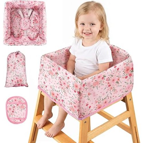 BEBOAN High Chair Cover for Restaurant, Portable Highchair Seat Covers with 3-Point Adjustable Safety Harness and Bag, for Eating/Travel/Home Use, Machine Washable, Fit Wooden Chairs (Pink Flower)