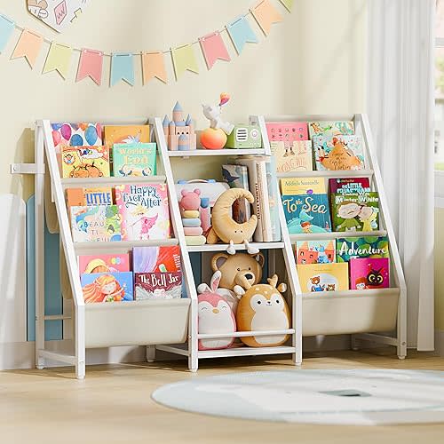 Kids Bookshelf Toy Storage Organizer - Book Shelf for Kids Rooms, 2 Sides Kid Bookcase with 3 Tierd Toy Storage Organizer, White Toddler Baby Bookshelf Book Shelves for Bedroom Nursery Playroom