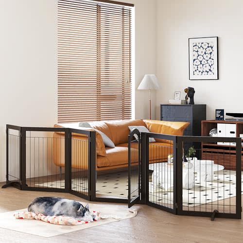 PAWLAND Dog Gate Indoor with Door, Freestanding, Foldable, 144" Wide, 30" H | Extra Wide Pet Gate for Doorways, Stairs, the House, Walk Through Puppy Safety Fence, Support Feet, 6 Panels, Espresso