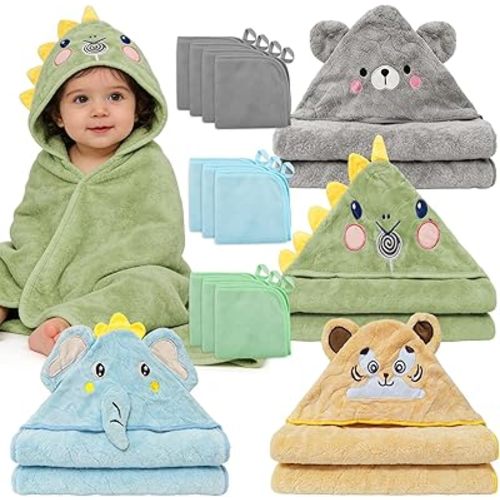 14 PCS Baby Bath Towels Set, 4 PCS Large 31"x31" Animal Hooded Towels & 10 Washcloths, Thick & Ultra Absorbent for Newborns Infants Toddlers 0-5 Years, Soft for Boys