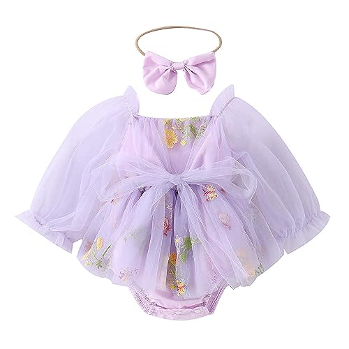 ODASDO Newborn Baby Girl Romper Dress Flower Embroidery Tutu Princess Long Sleeve One-Piece Bodysuit Cake Smash Outfit