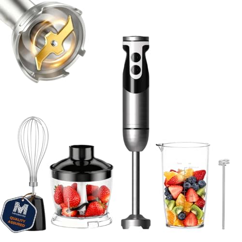 MegaWise Blender Handheld 12-Speed Stainless Steel Electric Hand Blender, 5 in 1 Immersion Handheld Blender,Titanium Blades Hand Blender, Milk Frother Wand,with 600ml Whisk Beaker and Chopper (black)