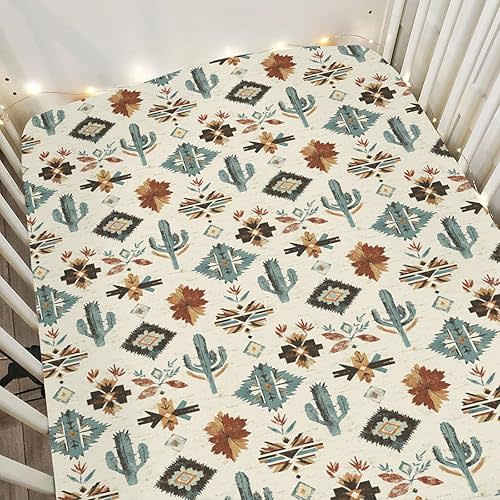 Tribal Cactus Totem Baby Crib Sheets for Boy Girl 28"x52" Vintage Cactus Soft Stretchy Fitted Crib Mattress Cover Western Cactus Baby Sheets for Standard Crib and Toddler Bed Mattresses