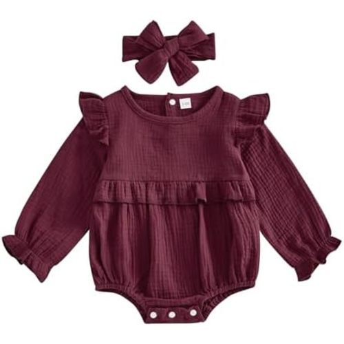 Newborn Infant Baby Girl Clothes Cotton Linen Long Sleeve Smocked Bubble Romper Ruffle Bodysuit Jumpsuit Fall Outfit