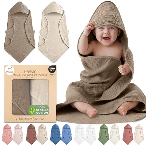 100% Organic Cotton Muslin Baby Hooded Towels 32x32 Inch – 2 Pack Soft & Absorbent Hooded Baby Towels For Boys & Girls, Premium Hooded Towels, Ultra-Gentle Baby Essentials in Deep Olive/Ivory