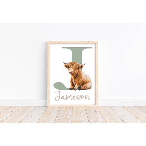 Personalized Watercolor Highland Cow Sage and Beige Rustic Farm Themed Baby Nursery Unframed Print