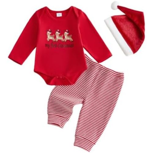 My First Christmas Baby Boy Outfit Long Sleeve Romper Pants And Hat
