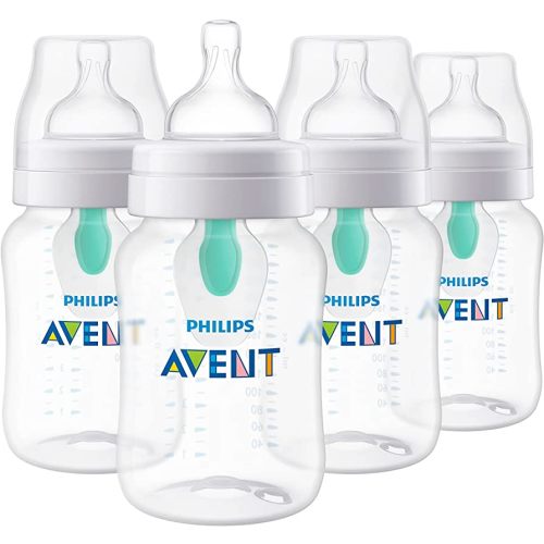 Philips Avent Anti-Colic Baby Bottle with AirFree Vent, 9oz, with Flow 2 Nipples, 1m+, 4pk, Clear, SCY703/04