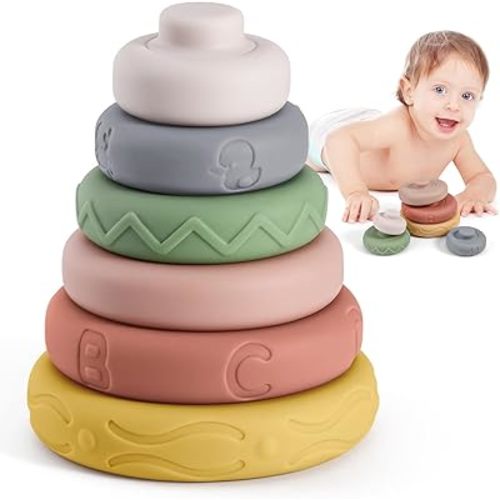 BOBXIN Baby Stacking & Nesting Rings Toy, 6pcs Soft Silicone Circle Building Stacker,Squeeze Play with Letter,Animal and Graphic,Toddler Sensory Learning Montessori Toys for Babies 6 Months+