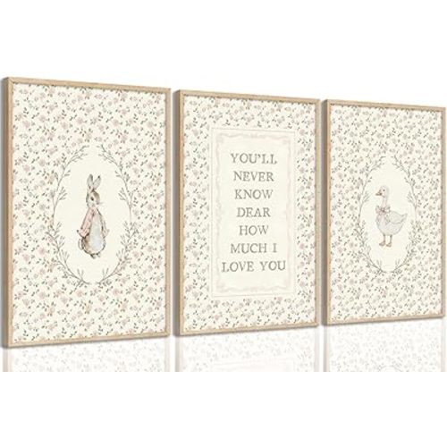 Vintage Animal Nursery Wall Art Cute Bunny and Silly Goose Wall Decor Rabbit Duck Poster Pink Floral Animals Print artwork Pink Nursery painting Picture for Baby Bedroom Kid's Room Home Decor Unframed