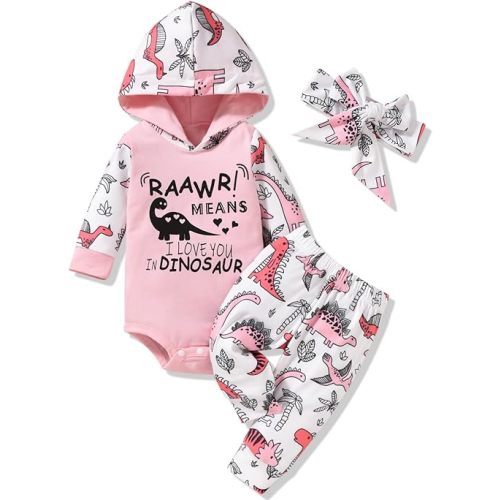 Newborn Infant Baby Girl Dinosaur Outfit Long Sleeve Hoodie Romper Bodysuit and Pants with Headband Set