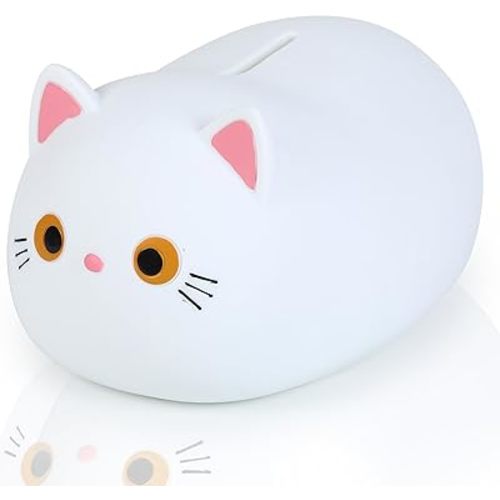 H&W White Cat Piggy Bank for Girls,Plastic Coin Bank,Unbreakable Money Bank,Cute Piggy Bank for Kids,First Money Box,Best Birthday