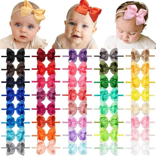 CÉLLOT 40 Colors Baby Bow Headbands 3.5" Hair Bows Super Soft Nylon Headbands for Baby Girls Infants preemie and Newborn Kids Hair Accessories