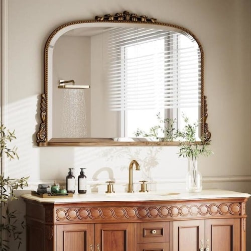 Antique Gold 44 in. W x 32 in. H Arched Polyurethane Framed with Decoration Antique Vanity Wall Mirror