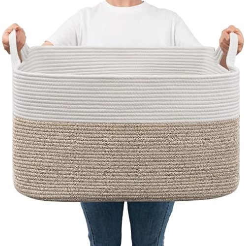 Goodpick Large Storage Basket 21.6" x 14.9" x 11.8", Blanket Baskets for Living Room, Woven Rope Storage Basket for Toys, Towels, Rectangle Laundry Dirty Clothes Baskets for Nursery, Mix Brown