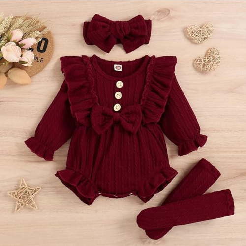 Morttic Newborn Baby Girl Ruffle Solid Color Crew Neck Long Sleeve Bodysuit + Headband + Socks 3-Piece Set Wine Red，0-3M