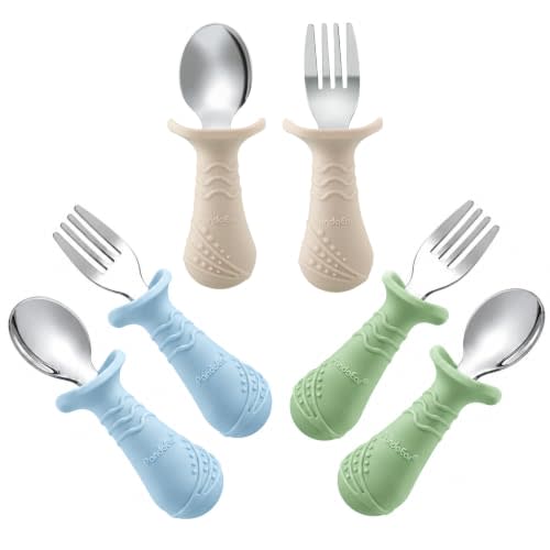 PandaEar Baby Toddler Fork and Spoon Utensil Set, 6 Pack Silicone Stainless Steel Silverware Spoon Fork for Babies Toddler, BPA Free with Silicone Holding Anti-Choke Design (Green Blue Brown)
