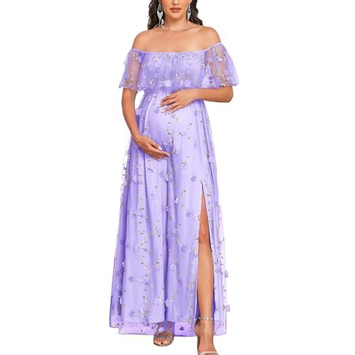 AISWI 3D Floral Maternity Dress Off Shoulder Mesh Ruffle Pregnancy Maxi Gown with Split Photoshoot Baby Shower Wedding