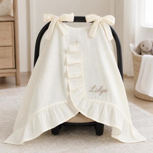 Personalized Embroidered Muslin Car Seat Canopy with Name, Ruffled Baby Carrier Cover
