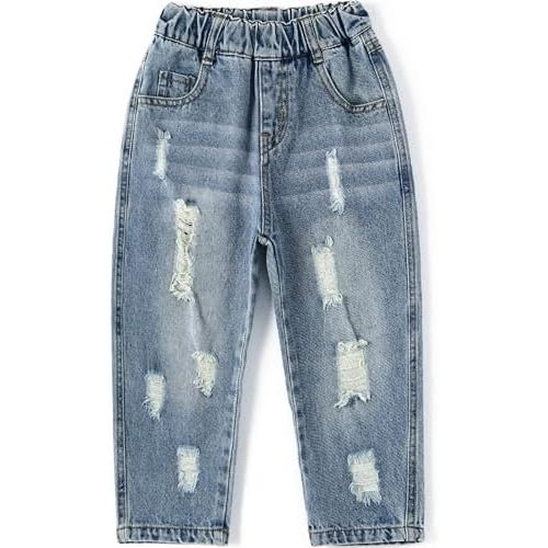 KIDSCOOL SPACE Baby & Little Girls Ruffled Elastic Waist Colorful Button Decor Vertical Pocket Jeans