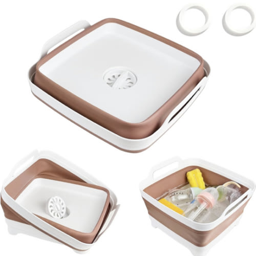 Collapsible Wash Basin for Baby Bottles - 2.4 Gallons Portable Wash Bin for RV Camping Sink, Space-Saving Dish Tub (Mocha)