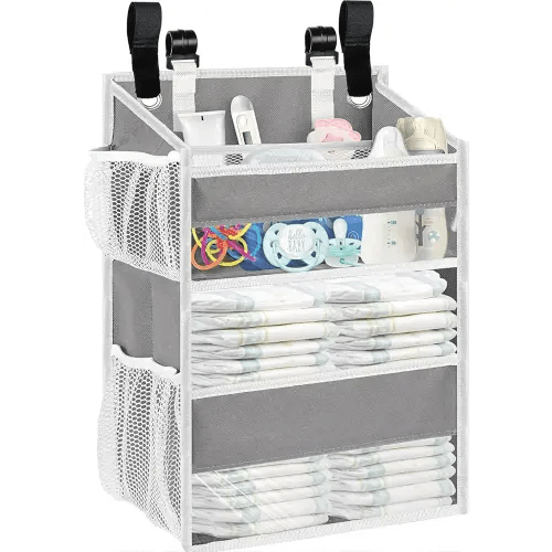 Ofiray-home Hanging Diaper Organizer for Changing Table,Cribs,Car,Playard or Wall & Nursery Organization-Durable 2-Tier Diaper Organizer with Mesh Pockets and Viewable Design, Won't Deform, Light Gray