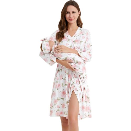 Galabloomer Maternity Robe and Baby Receiving Blanket, Matching Mommy Labor Delivery Robe and Swaddle Set