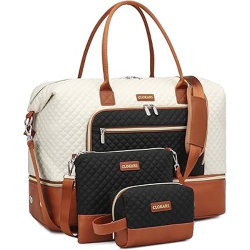 Weekender Bags for Women, Travel Duffle Bag Carry On Overnight Bag with Cosmetics Bag and Crossbody Purse for Gym Hospital, Gifts for Women, Beigeblack Brown