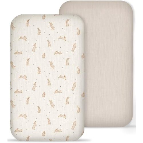 Muslin Bedside Bassinet Sheets 2 Pack, 33x20 Fitted Ultra Soft & Breathable Bedside Sleeper Sheets, Ideal for Baby Girl and Boy, Perfect for Newborns (Hopping Bunnies & Beige)
