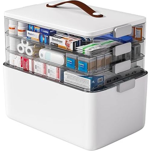 funest 4-Tier Medicine Storage Box, Large Empty First Aid Kit Box with Handle, Portable Medical Supply Organizer Case Cabinet for Home, Travel, Car, Camping Emergency Preparedness,Plastic,White