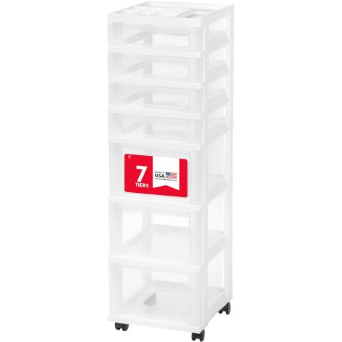 IRIS USA Plastic Drawer Storage Organizer Rolling Cart, with Wheels Casters, 7-Drawers, for Art Craft Supplies Bathroom Dorm Bedroom Laundry Room, White/Clear